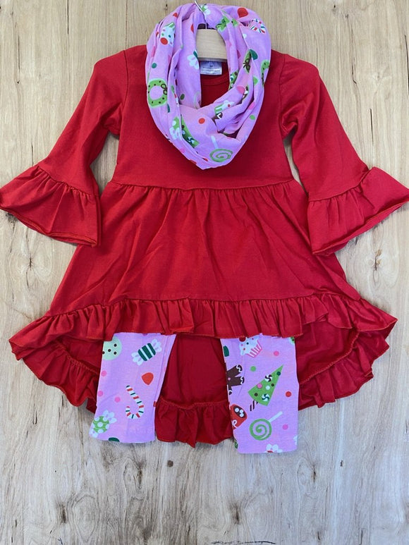 Christmas Candy! Red Ruffle Tunic, Scarf, & Pants (HOLIDAY 2021070059)