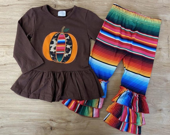 Brown Ruffled Top w/Serape Pumpkin Applique and Matching Ruffled Pants (Fall 2021071046)