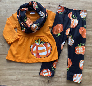 Orange Pumpkin Striped Appliqued Scarf Outfit (Fall 2021071107)