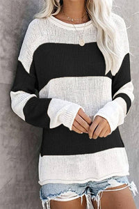 Black STRIPE LONG SLEEVE CASUAL KNIT TOP