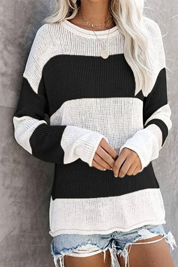 Black STRIPE LONG SLEEVE CASUAL KNIT TOP