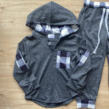 Charcoal Hoodie Set wBlack/White Buffalo Plaid Trim (FP1026)-sparkledots-sparkledots