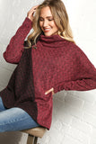 Burgundy Jacquard Color Block Button Turtleneck