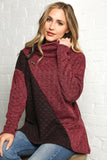 Burgundy Jacquard Color Block Button Turtleneck