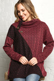 Burgundy Jacquard Color Block Button Turtleneck