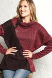 Burgundy Jacquard Color Block Button Turtleneck