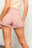 Mauve Mid Rise Smocked Drawstring Linen Shorts