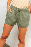 Olive Mid Rise Smocked Drawstring Linen Shorts