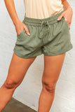 Olive Mid Rise Smocked Drawstring Linen Shorts