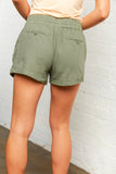 Olive Mid Rise Smocked Drawstring Linen Shorts