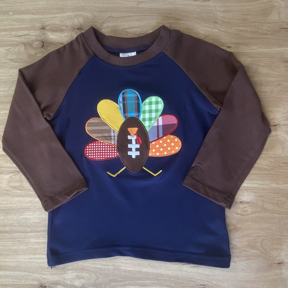 Blue 'n Brown Plaid Appliqued Turkey Football Tee (Fall 2021071032)