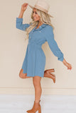 Sky Blue Button Elastic Waistband Shirt Mini Dress