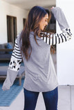 Gray Striped Animal Print Colorblock Long Sleeve Top