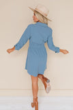 Sky Blue Button Elastic Waistband Shirt Mini Dress