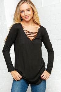 Black Leopard Print Lattice Long Sleeve Top