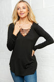 Black Leopard Print Lattice Long Sleeve Top