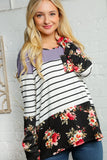 FLORAL STRIPE COLOR BLOCK FRONT POCKET TOP