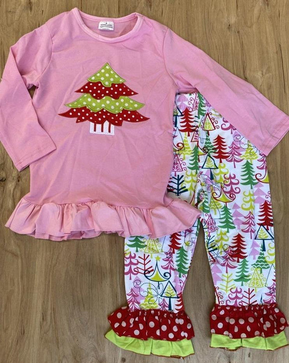 Pretty in Pink Appliqued Tree Ruffle Pants Outfit (HOLIDAY 2021070056)