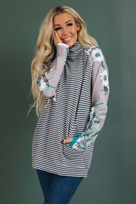 Gray Floral Print Long Sleeves Bevel Zipper Striped Hoodie