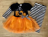 Black Cat BOO Dress w/Orange Tutu and Black 'n White Stripe Sleeves 'n Pants (Fall 2021071068)