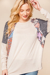 Leopard Raglan Color Block Rib Knit Top