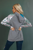 Gray Floral Print Long Sleeves Bevel Zipper Striped Hoodie