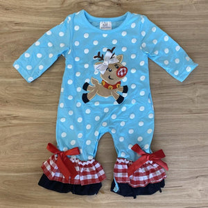 Blue and White Polka Dot Reindeer Applique Ruffle Romper (HOLIDAY 2021070060)