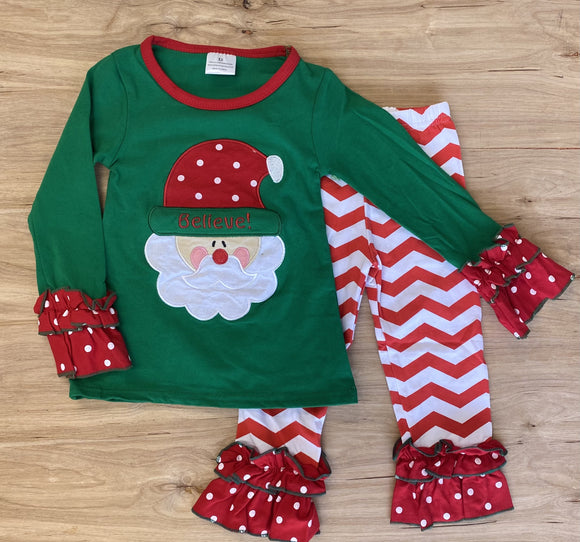 Green 'n Red Santa Applique Chevron Ruffle Pants Outfit (HOLIDAY 2021070065)