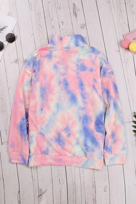 Pink Cotton Tie-dye Mock Neck Zip Sweatshirt