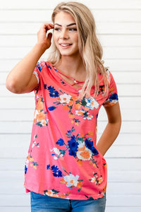 Pink Floral Print Crisscross V Neck Casual Shirt