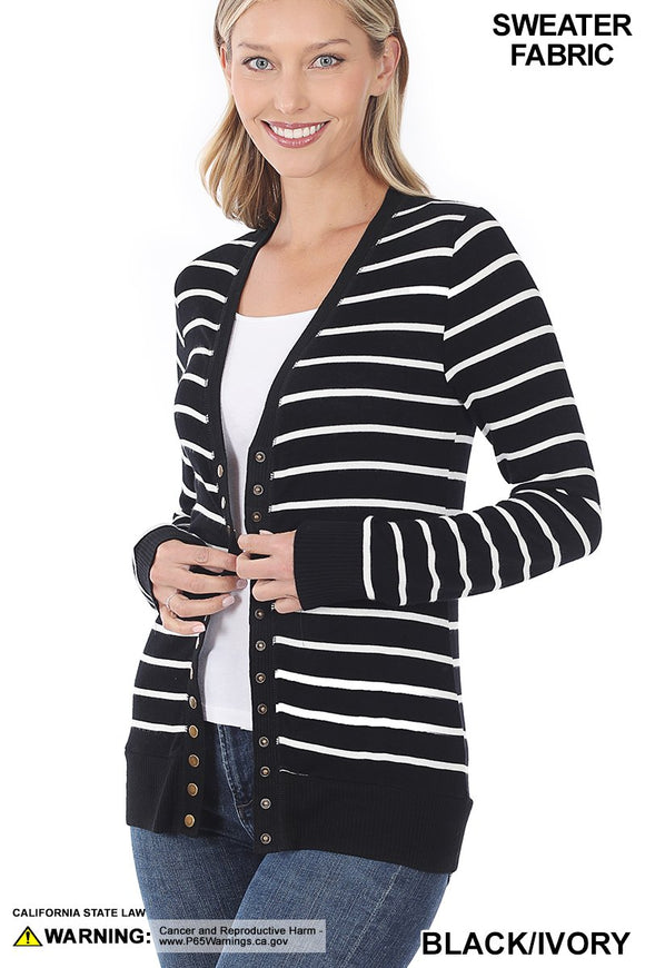 STRIPED SNAP BUTTON CARDIGAN SWEATER