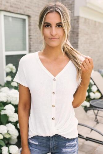 White Button Down Front Knitwear Blouse