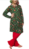 Green Holiday Trees Dress with Red Ruffle Bottom Pants