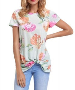 Light Green Floral Short Sleeve Knot Top