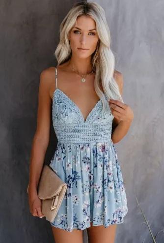 Blue Deep V Spaghetti Straps Lace Floral Romper