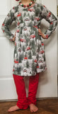 Snowy Winter Forest Dress with Red Ruffle Bottom Pants