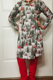 Snowy Winter Forest Dress with Red Ruffle Bottom Pants