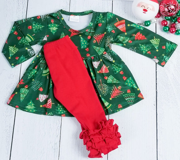 Green Holiday Trees Dress with Red Ruffle Bottom Pants