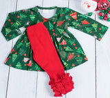 Green Holiday Trees Dress with Red Ruffle Bottom Pants