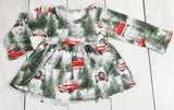 Snowy Winter Forest Dress with Red Ruffle Bottom Pants