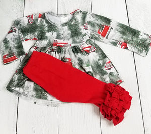 Snowy Winter Forest Dress with Red Ruffle Bottom Pants