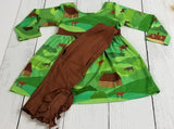 Green & Brown Farm Dress with Ruffle Leggings