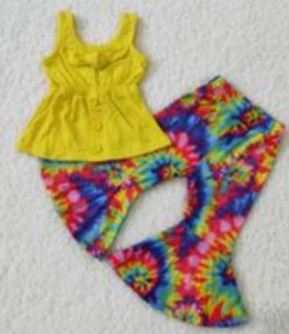 Yellow Bow 'n Button Tank with Psychedelic Print Bell Bottoms