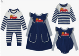 Red Truck Pumpkin Delivery on Navy & White Stripe Romper (FSP1135)