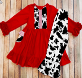 Red Ruffle Top /Cowprint Pockets, & Bell Bottom Pant Set (FSP1281)  [PREORDER]