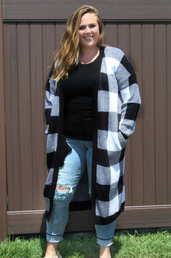 Black Long Sleeve Plaid Cardigan