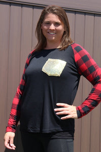 Sequined Pocket Plaid Raglan Black Top