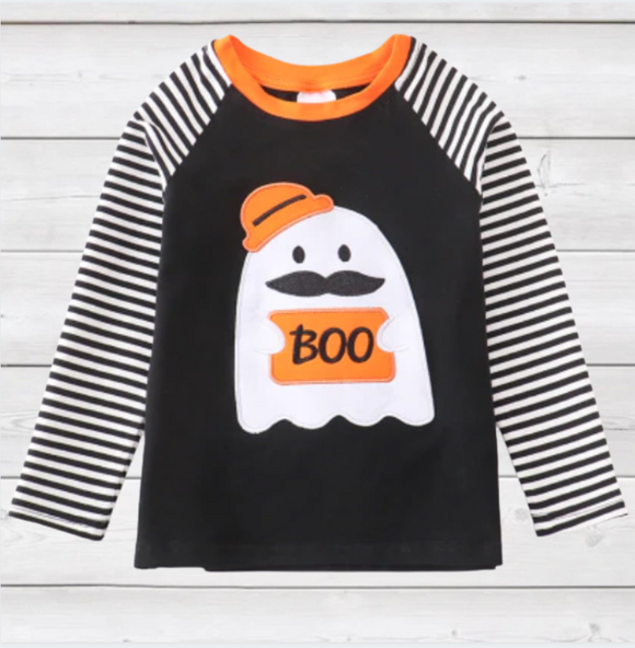 I Mustache Boo a Question! Striped Ghost Applique Tee (FSP2010)-sparkledots-sparkledots