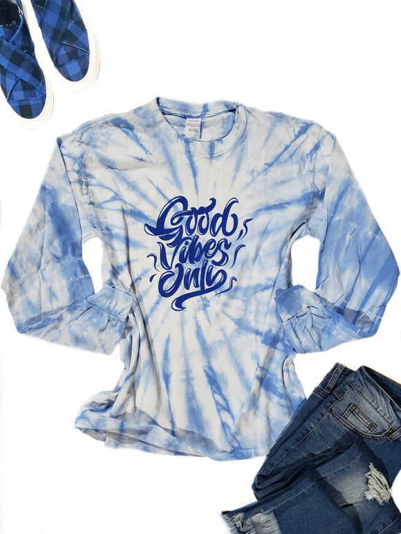 Blue Tie Dye Good Vibes Only Graphic Longsleeve Tee