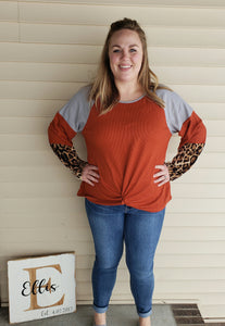 Leopard Long Sleeve Waffle Knit Orange Blouse with Twist Knot